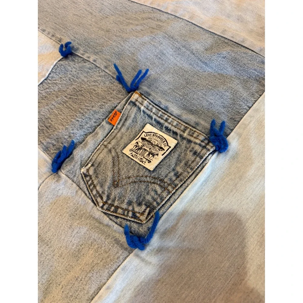 Handmade Patchwork Denim Quilt Levi Strauss Pocket Plaid Flannel Back 71x88